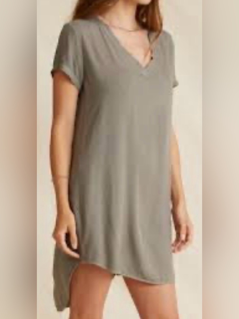 Cloth & Stone Crispin Tee Shirt Tunic Dress Olive Green High-Low Curved Hem  S